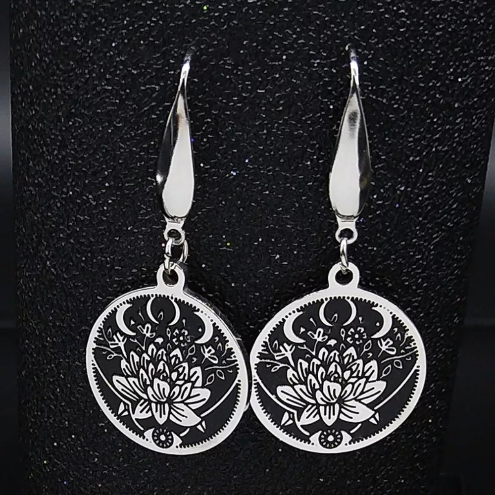 Wiccan Lotus Flower Pendant Earrings